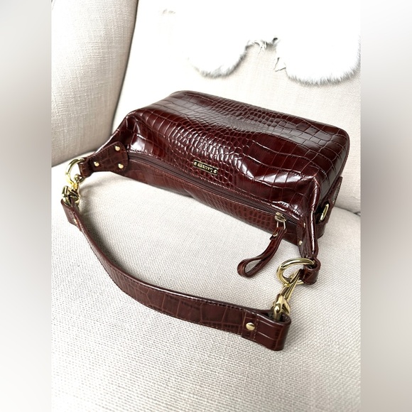 VTG 90s Y2K Ralph Lauren Cognac Crock Embossed Leather Baguette Purse Shoulder - Picture 7 of 16